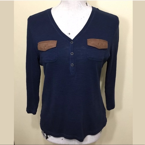 Chaps Tops - Chaps Blue Henley with Faux Suede Pocket Detail M